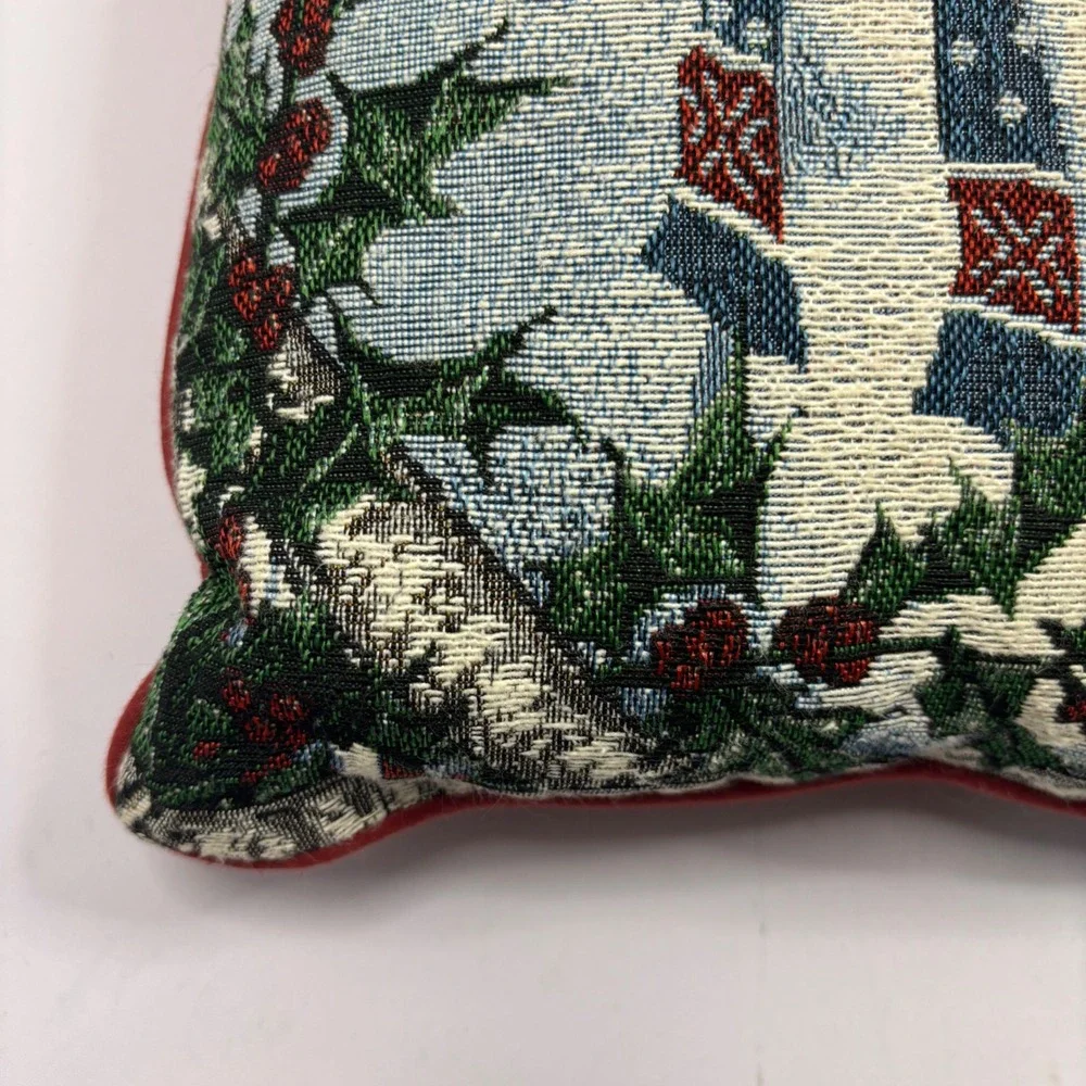 Vintage Snowman Chickadee Woven Tapestry Christmas Decorative Throw Pillow 12.5